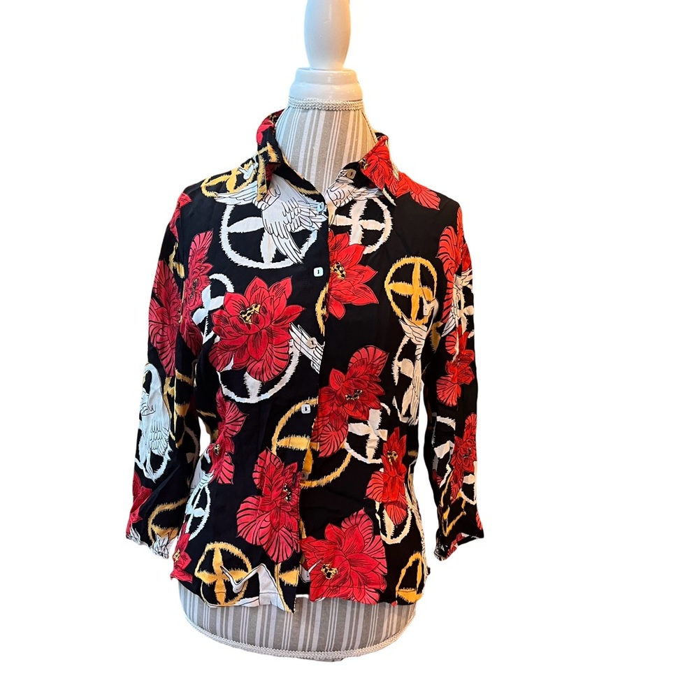 Loco Lindo black sheer California beach summer vacation retro print blouse L